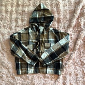 Plaid Hooded Women’s Cropped Jacket - Brown and Black